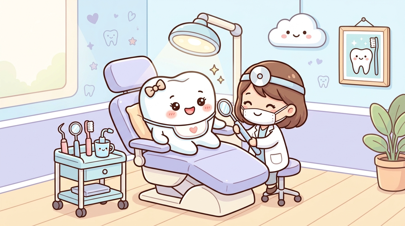 A_cute_cartoon_tooth_character_sitting_on_a_small_-1781330286099